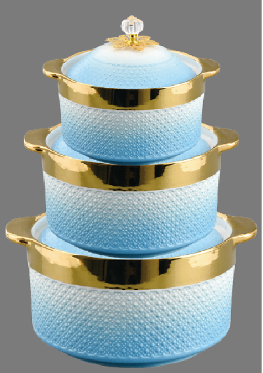 Blue Gold-Rimmed Beaded Porcelain Double Handle Casserole