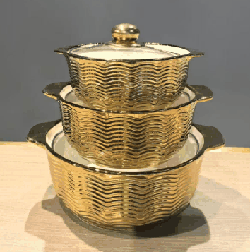 Metallic Electroplated Wave Texture Double-Handle Porcelain Soup Pot Set of 3