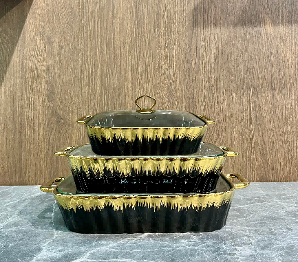Set of 3 Black Metallic Ribbed Porcelain Baking Dishes