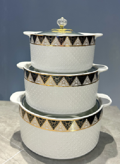 Gold Crescent Beaded Porcelain Double Handle Casserole