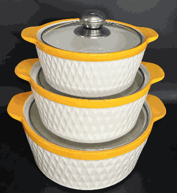 Yellow Diamond Grid Texture Double-Handle Porcelain Soup Pot Set of 3