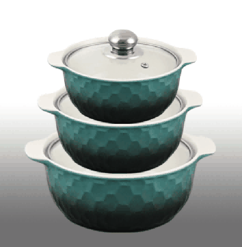 Blue Gradient Geometric Texture Double-Handle Porcelain Soup Pot Set of 3