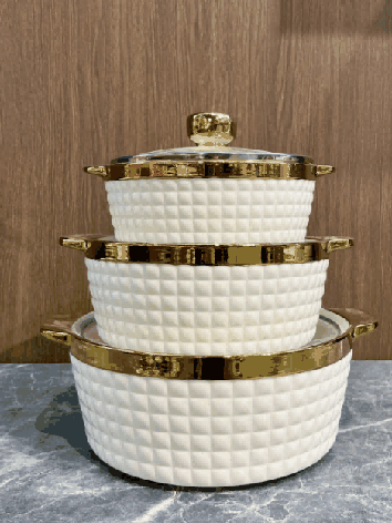 Metallic Electroplated Double-Handle Porcelain Soup Pot Set of 3