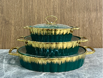 Set of 3 Green Metallic Ribbed Porcelain Baking Dishes