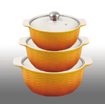 Yellow Gradient Wave Texture Double-Handle Porcelain Soup Pot Set of 3
