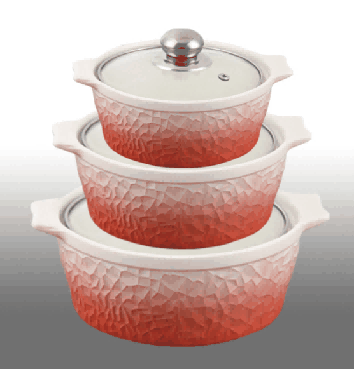 Red & White Gradient Melon Texture Double-Handle Porcelain Soup Pot Set of 3
