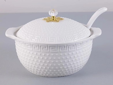 White Greek-Key Porcelain Ceramic Soup Pot with Spoon