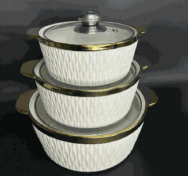 Metallic Electroplated Woven Texture Double-Handle Porcelain Soup Pot Set of 3
