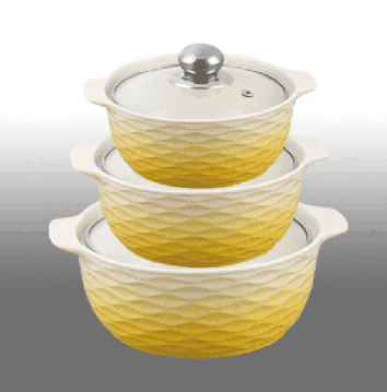 Yellow & White Gradient Wave-Inspired Texture Double-Handle Porcelain Soup Pot Set of 3