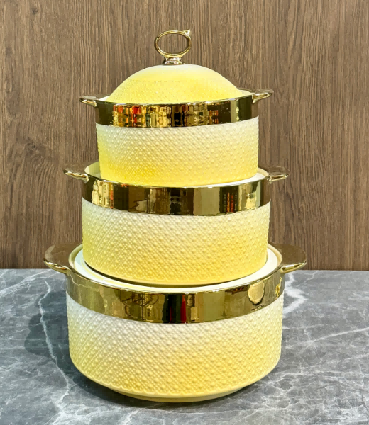 Yellow Gold-Rimmed Beaded Porcelain Double Handle Casserole with Ceramic Knob