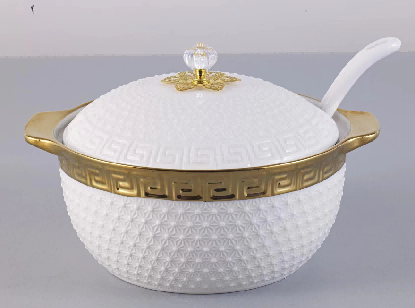 Metallic Greek-Key Porcelain Ceramic Soup Pot with Spoon