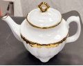 White Ceramic Embossed Teapot with Gold Rim