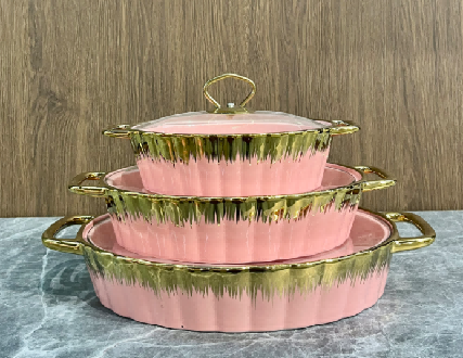 Set of 3 Metallic Ribbed Porcelain Baking Dishes