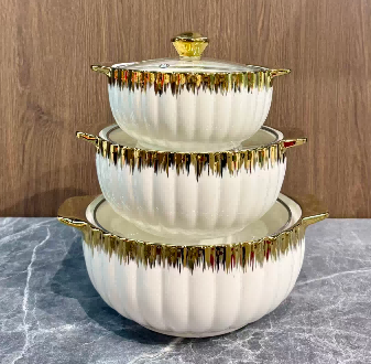 Set of 3 White Pumpkin-Ribbed Porcelain Soup Pots