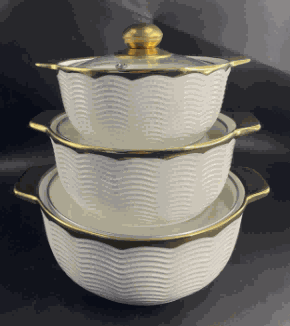 Metallic Electroplated Wave Texture Double-Handle Porcelain Soup Pot Set of 3