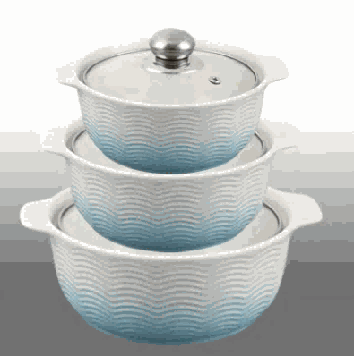 Blue & White Gradient Wave Texture Double-Handle Porcelain Soup Pot Set of 3