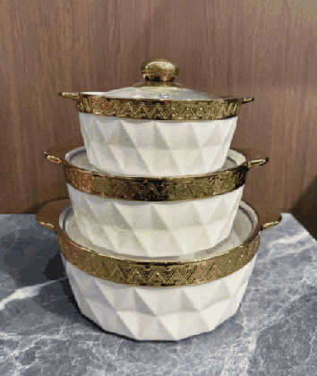 Metallic Electroplated Pyramid Texture Double-Handle Porcelain Soup Pot Set of 3