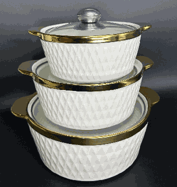 Metallic Electroplated Diamond Grid Texture Double-Handle Porcelain Soup Pot Set of 3