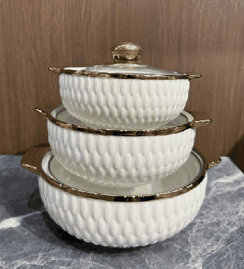 Metallic Electroplated Rice Grain Texture Double-Handle Porcelain Soup Pot Set of 3