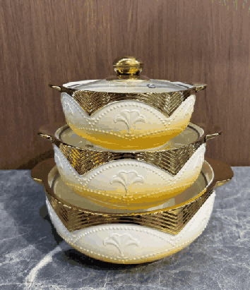 Red & White Electroplated Wave Texture Double-Handle Porcelain Soup Pot Set of 3