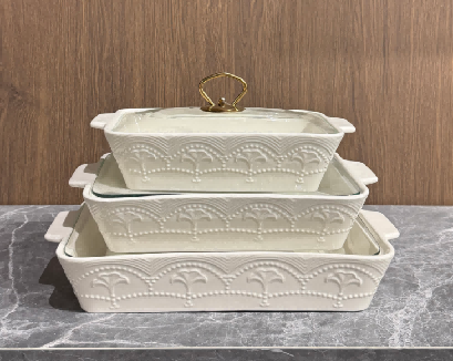 Set of 3 White Ginkgo Leaf Porcelain Baking Dishes