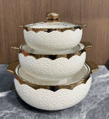 Metallic Electroplated Floral Petal Relief Double-Handle Porcelain Soup Pot Set of 3