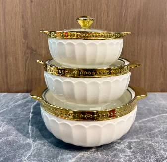 Set of 3 White Bloom Porcelain Soup Pots