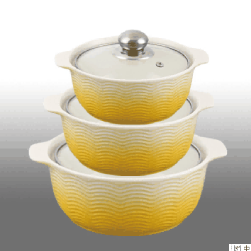 Yellow & White Gradient Wave Texture Double-Handle Porcelain Soup Pot Set of 3