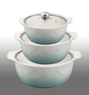 Green & White Gradient Snowflake Relief Double-Handle Porcelain Soup Pot Set of 3