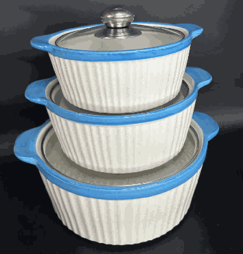 Blue Vertical Ribbed Double-Handle Porcelain Soup Pot Set of 3