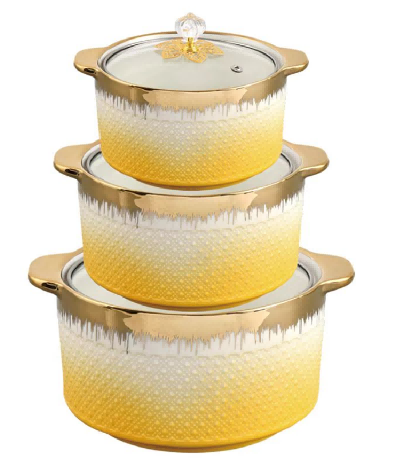 Yellow Brushed Gold Beaded Porcelain Double Handle Casserole