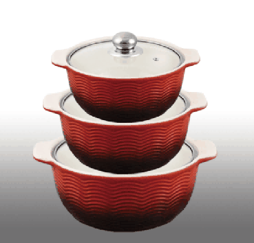 Red Gradient Wave Texture Double-Handle Porcelain Soup Pot Set of 3