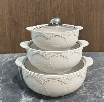 White Bud Relief Double-Handle Porcelain Soup Pot Set of 3