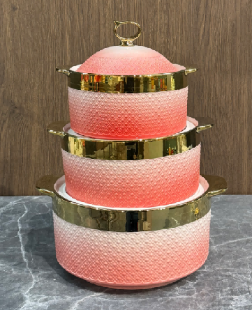 Red Gold-Rimmed Beaded Porcelain Double Handle Casserole