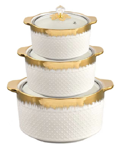 Brushed Gold Beaded Porcelain Double Handle Casserole