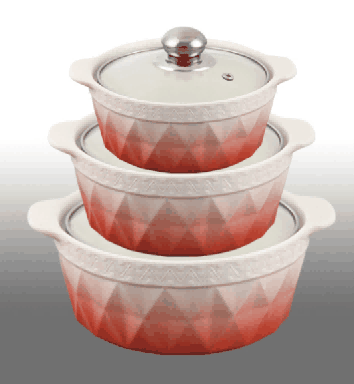 Red & White Gradient Pyramid Texture Double-Handle Porcelain Soup Pot Set of 3