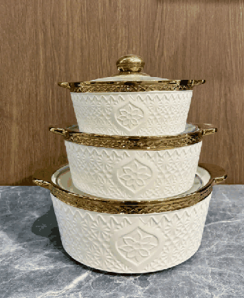 Metallic Electroplated Double-Handle Porcelain Soup Pot Set of 3