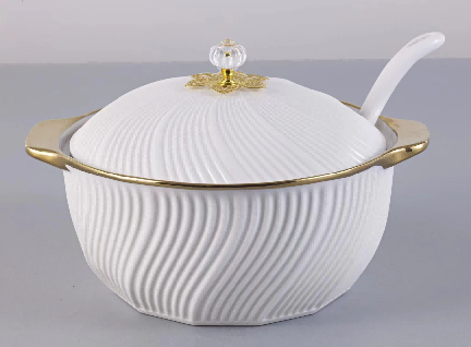 Metallic Swirl Porcelain Ceramic Soup Pot with Spoon