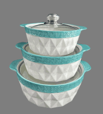 Green Pyramid Texture Double-Handle Porcelain Soup Pot Set of 3