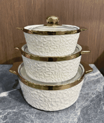 Metallic Electroplated Melon Texture Double-Handle Porcelain Soup Pot Set of 3