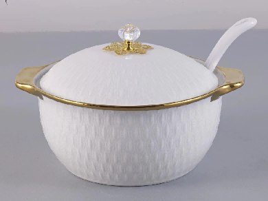 Metallic Ripple Porcelain Ceramic Soup Pot with Spoon