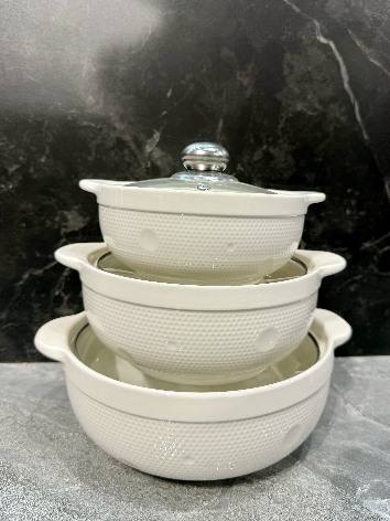 White Golf Ball Texture Double-Handle Porcelain Soup Pot Set of 3