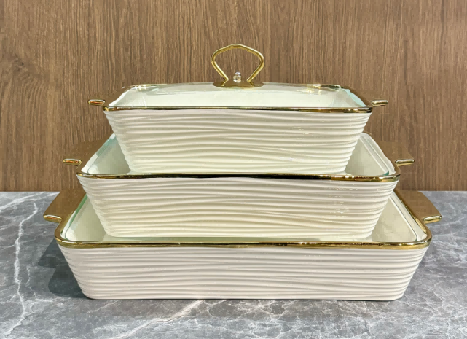 Set of 3 Metallic Wave-Pattern Porcelain Baking Dishes