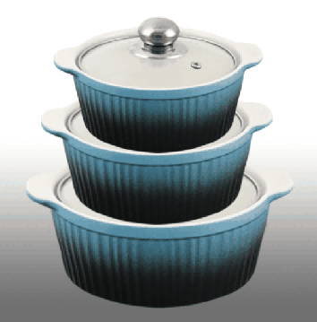Blue Gradient Vertical Ribbed Double-Handle Porcelain Soup Pot Set of 3
