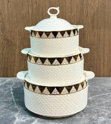 Black Black Grid Beaded Porcelain Double Handle Casserole with Ceramic Knob