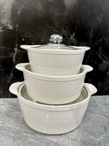White Smooth Double-Handle Porcelain Soup Pot Set of 3